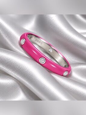 💖 Fuchsia Pink Enamel & Silver Tone CZ Band Ring | Unisex | New | 7